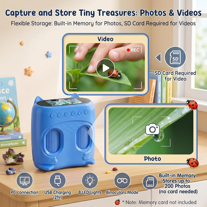 2 in 1 Mikroskop für Kinder und Fernglas Kinder, 2,0" IPS HD Mikroskop, 1000x Vergrösserung Teleskop