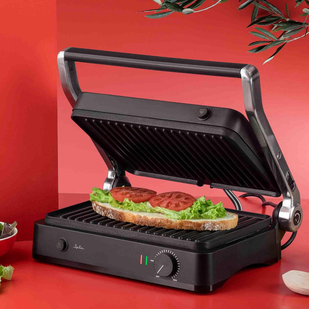 JATA JEGR1450 Panini Elektro-Grill, Sandwichmaker, 2000 W, 180° Öffnung, geriffelte, antihaftbeschic