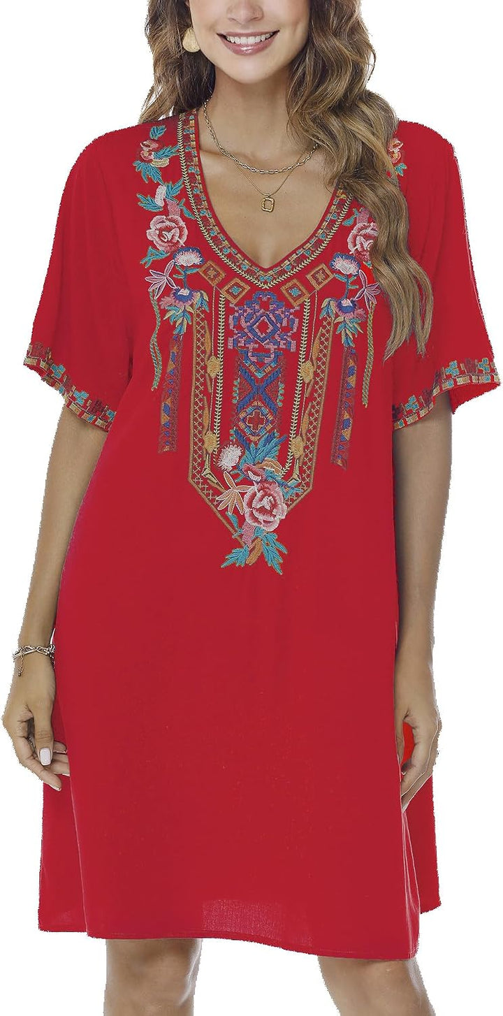 Vakakado Frauen Sommer Boho Mexican Peasant Dress Kurzarm Floral Bestickte Flowy Kleider Lose Hippie