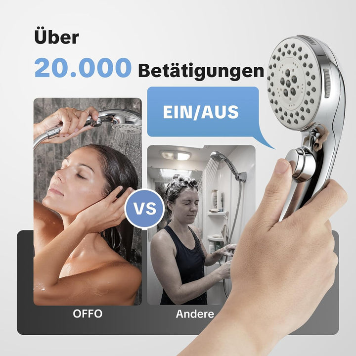 OFFO Duschkopf mit Duschschlauch 1,6m, Stoppfunktion Brausekopf Dusche mit 5 Strahlarten, Wasserspar