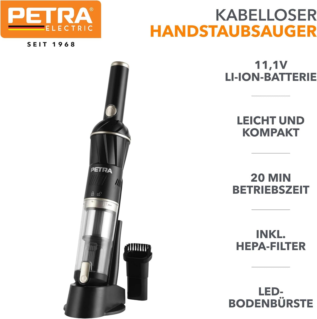 Petra 11,1V Kabelloser Handstaubsauger – mit Ladestation, leicht, kompakt, 100ml Staubbehälter, Auto