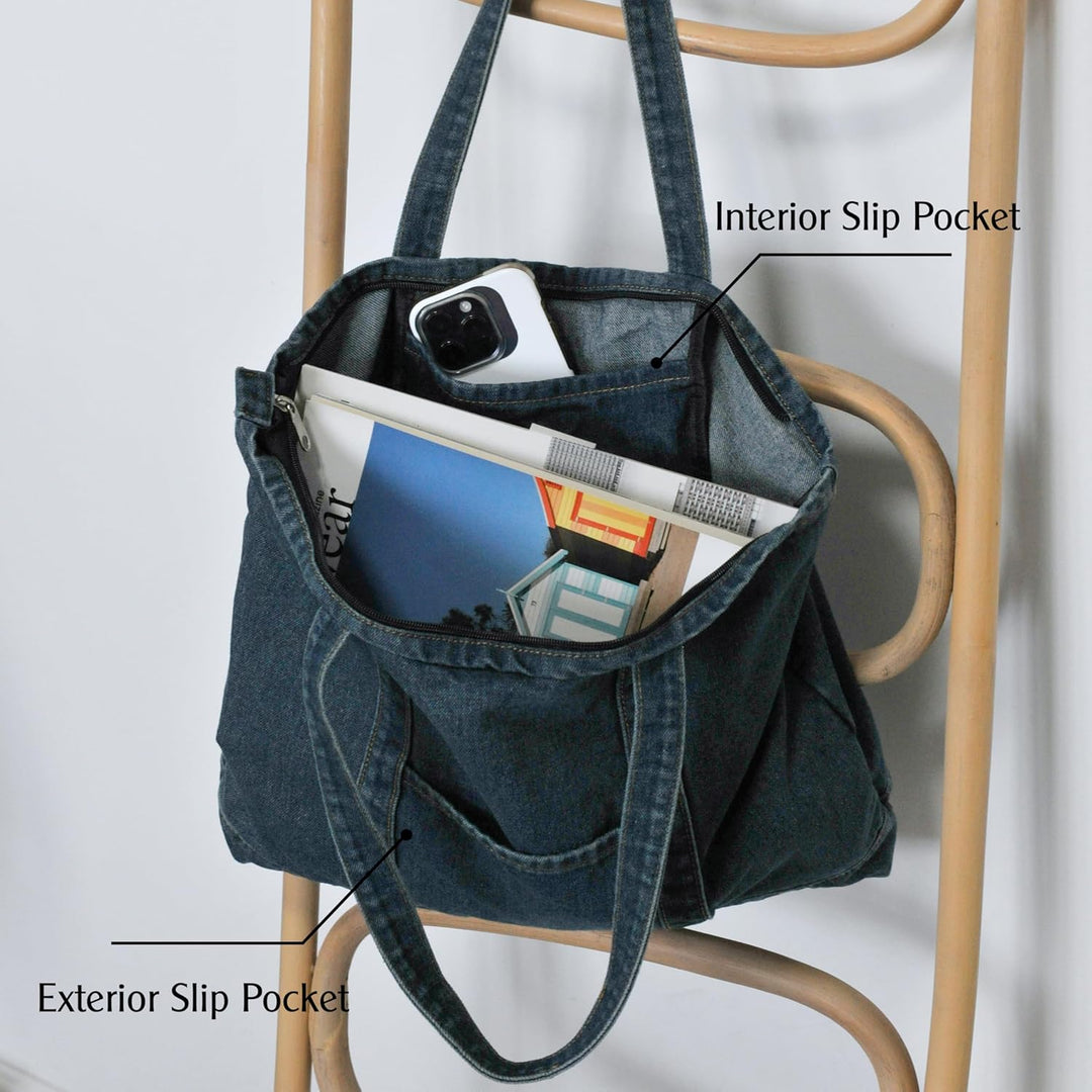 HOXIS Leichte, weiche Denim-Tragetasche, Unisex, Shopper, Schultertasche Navy, Navy