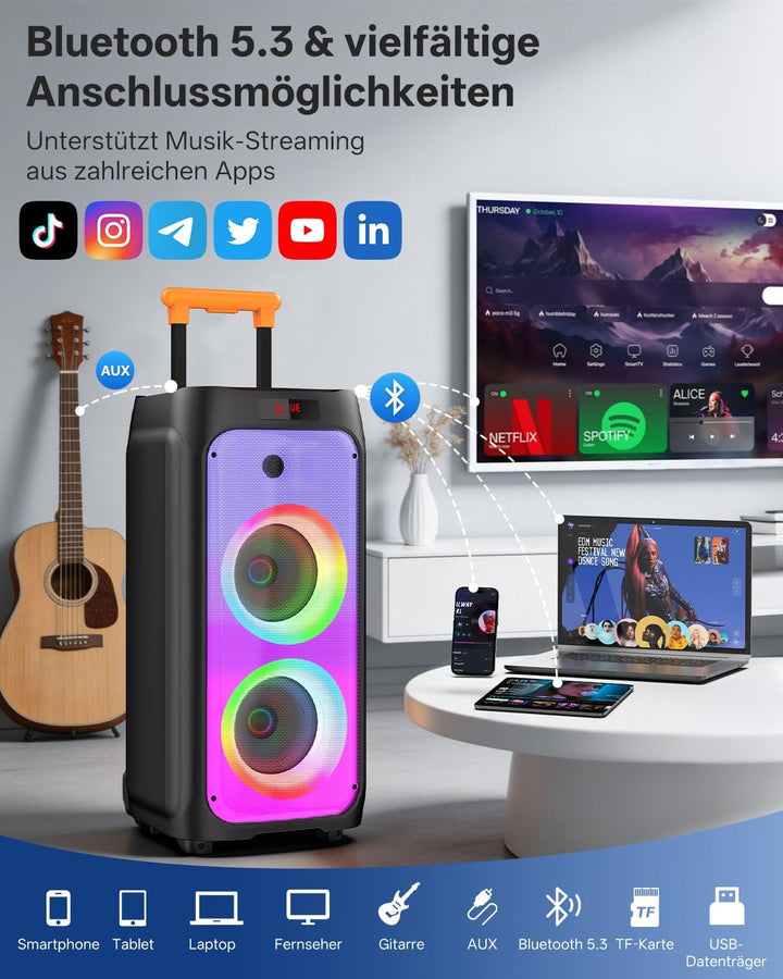 JYX Karaoke Anlage mit 2 drahtlosen Mikrofonen, Grosser Karaoke Lautsprecher Bluetooth mit Rädern un