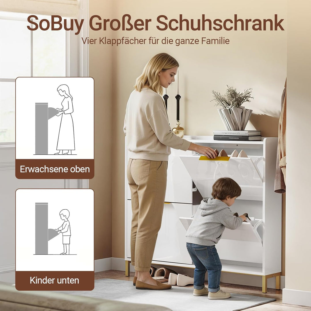 SoBuy Schuhkipper Schmal Schuhschrank Schmal mit 4 Klappen– Hochglanz Weiss mit Goldgriffen, 19cm Ti