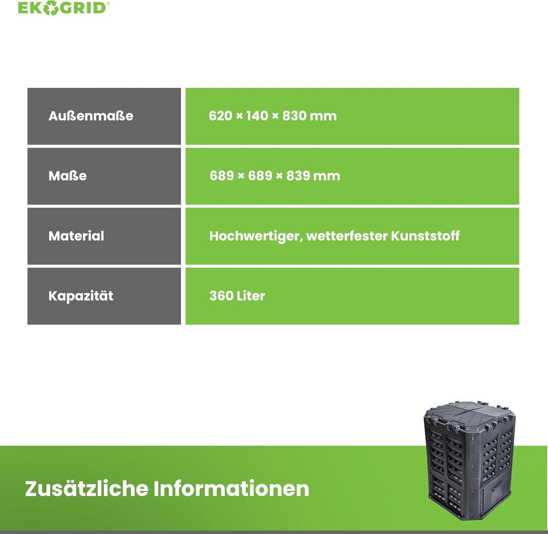 Komposter Garten - 360 L - Gartenkomposter mit Tröpfchenbewässerung und Belüftung - Schwarz, 360 L