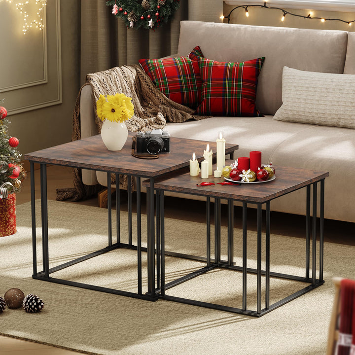 YITAHOME Couchtisch 2er Set, Wohnzimmertisch Holz mit Metallrahmen, Modern Bauernhaus Cocktail für W