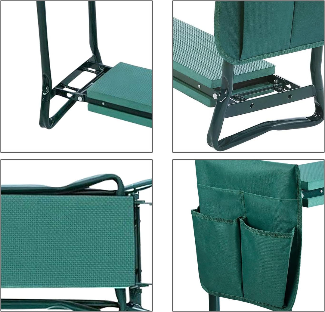 Kniebank für Gartenarbeit, gepolsterter Sitz, Klappbar, Arbeitshocker mit Werkzeugtasche, 59 x 49 x