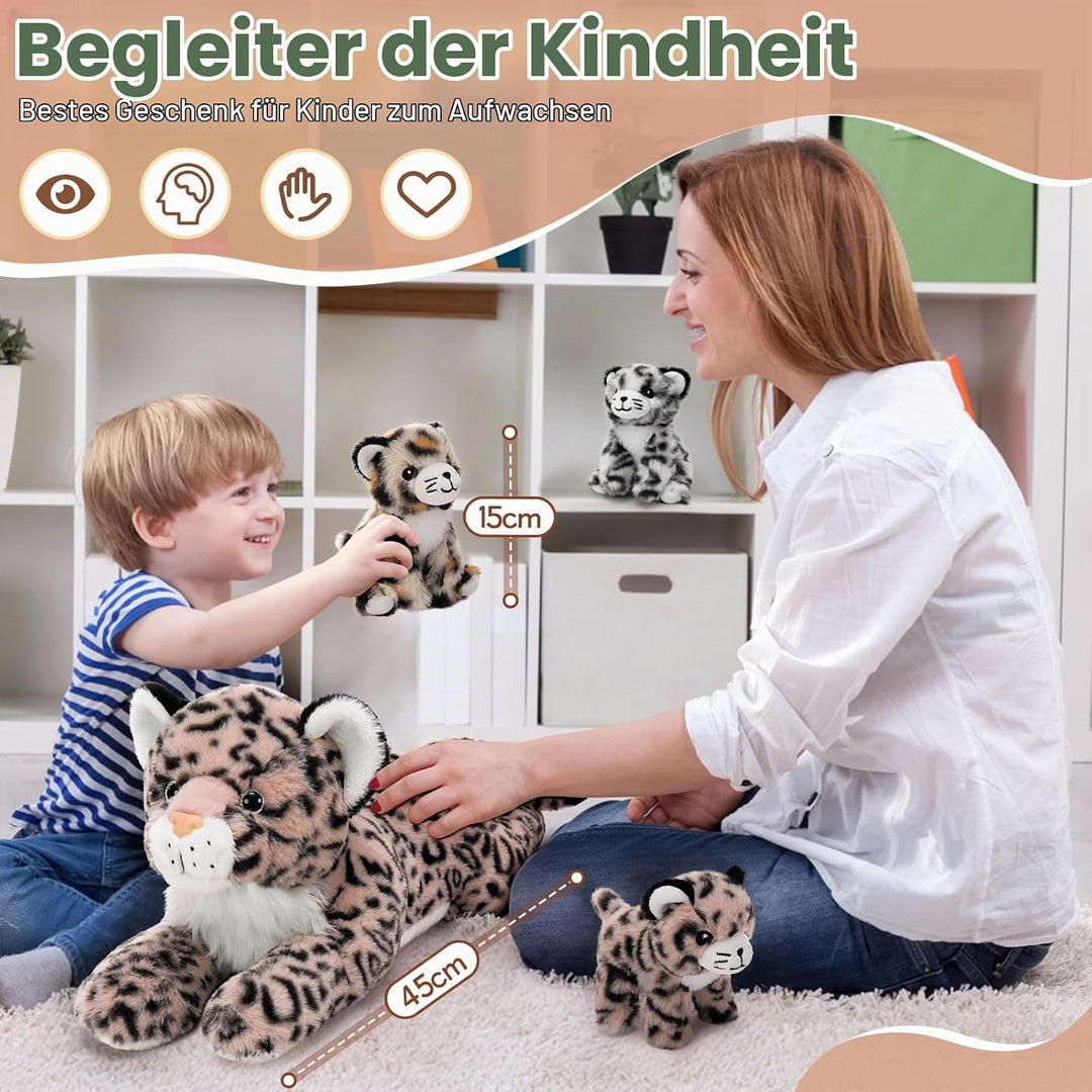 MorisMos 45cm riesen Leopardo Kuscheltier XXL mit 3 Baby im Bauch, gross liegend Plüsch Leopard XXL,