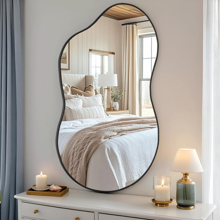 Clevich Spiegel Asymmetrisch 66x116cm Rahmen Alu, HD Glas Wandspiegel, Moderner Dekor-Spiegel, Schla