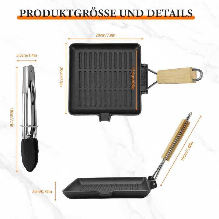 Steakpfanne Gusseisen,20x20cm Grillpfanne mit Klappbarem Holzgriff und Lebensmittelclips,Klappbarer
