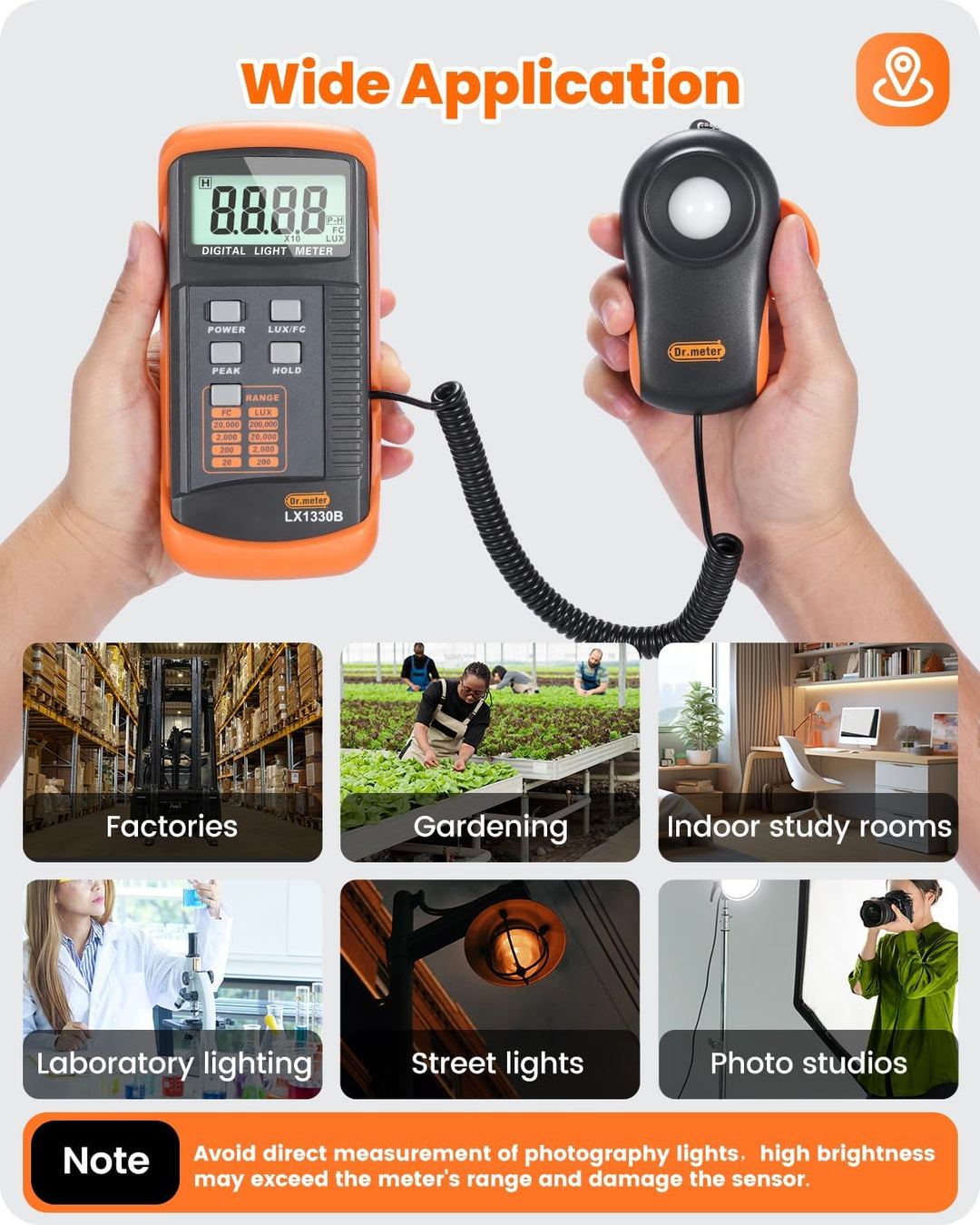Dr.meter LX1330B Digital Luxmeter, 0-200.000 Messbereich Luxmeter mit 360° Drehbarem Sensor Beleucht