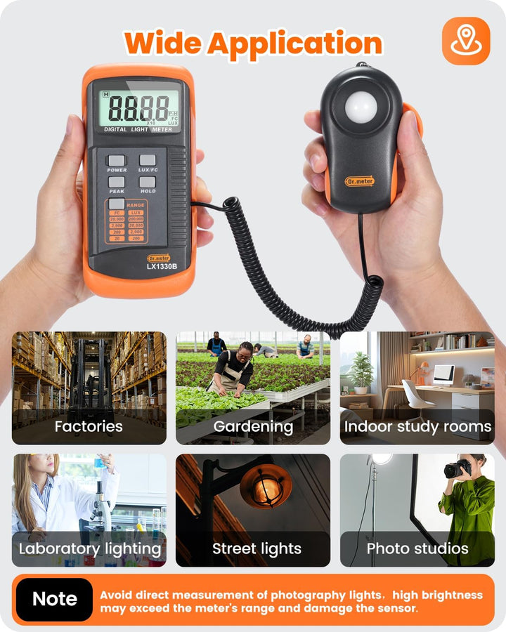 Dr.meter LX1330B Digital Luxmeter, 0-200.000 Messbereich Luxmeter mit 360° Drehbarem Sensor Beleucht