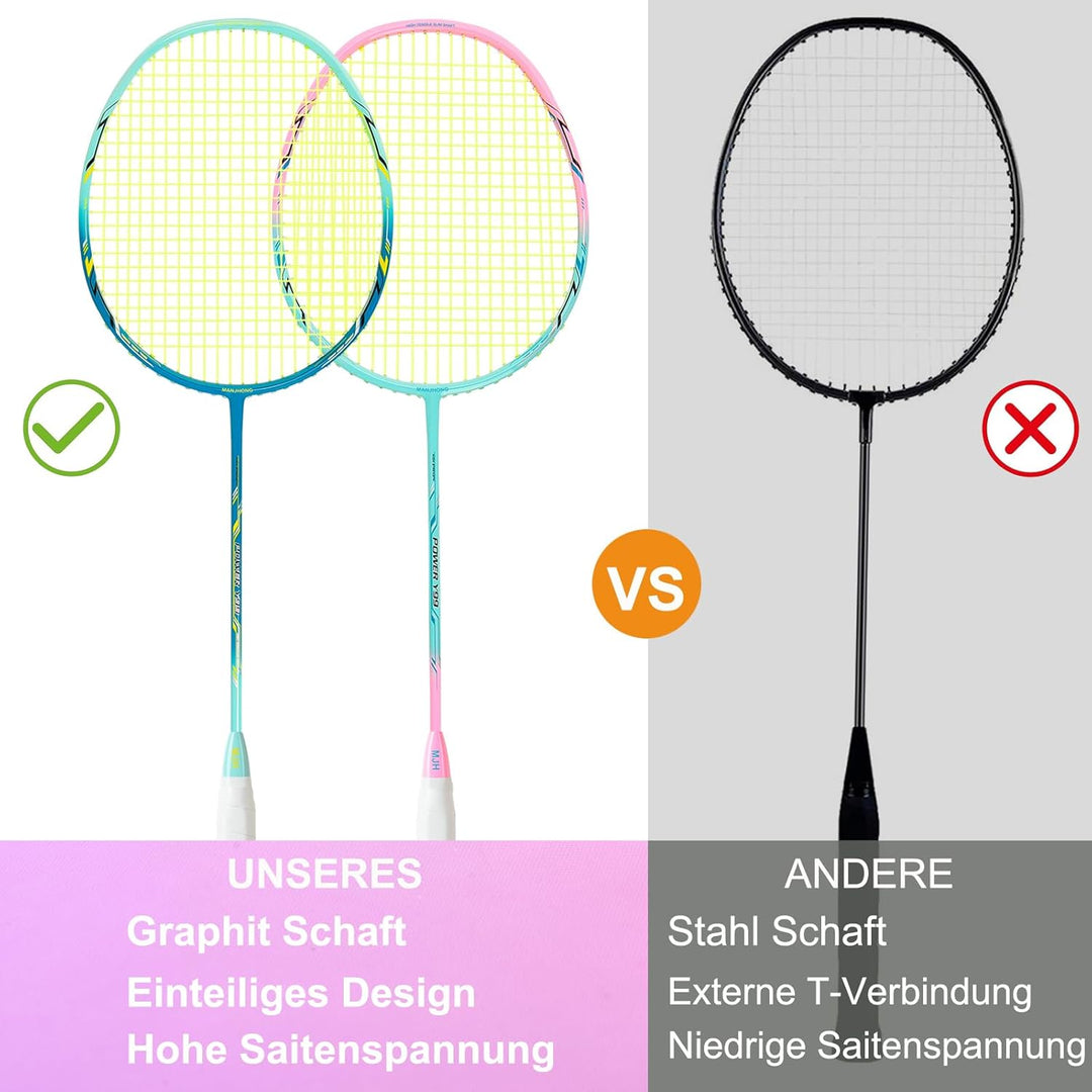 Badminton Set mit 2 Graphit Schläger - Kratzfestes Design - Federball Set für Erwachsene Incl. Feder