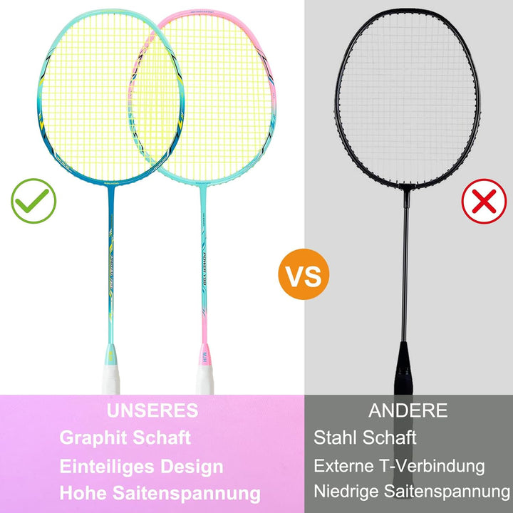 Badminton Set mit 2 Graphit Schläger - Kratzfestes Design - Federball Set für Erwachsene Incl. Feder
