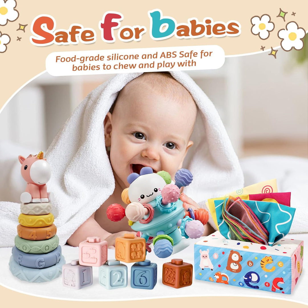 Almaxi Baby Spielzeug 6 Monate-3 Jahren, 4 in 1 Montessori Spielzeug, Stapelturm, Silikonbausteine,