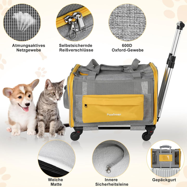 Pawinner Transportbox Katze Hunde mit Rollen, 45x33x33 cm Hundebox mit Trolley für Auto & Flugzeug,