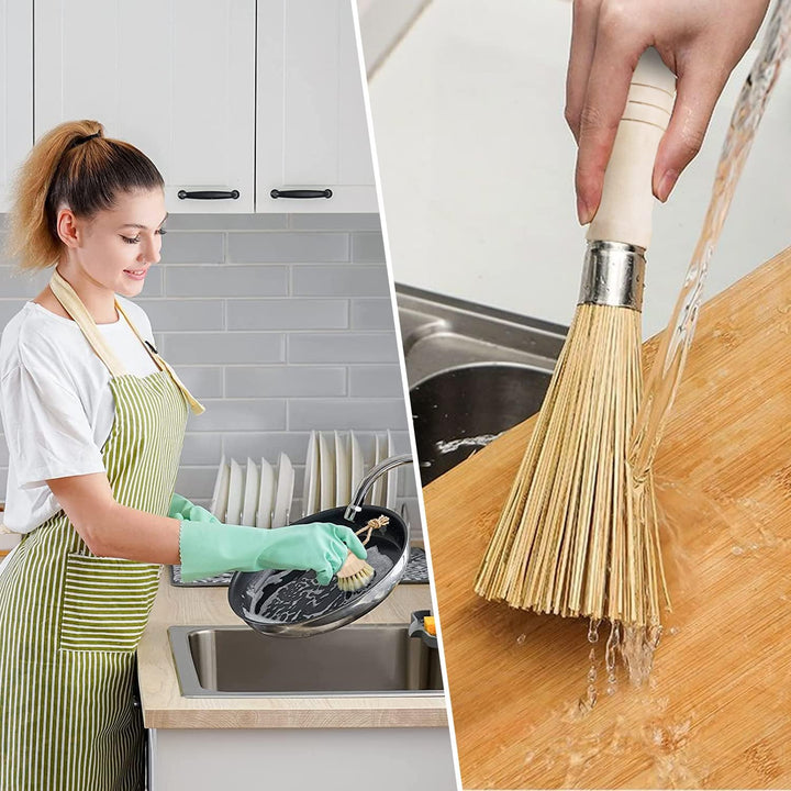 4 STK Wok Bürste Bambus Set, Pilzbürste, Bambus Wok mit Schnur Bürste für Reinigung von Töpfen, Pfan