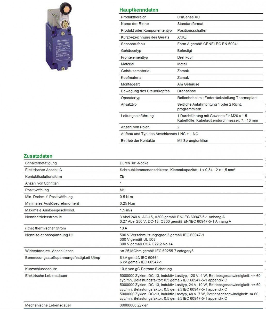 Schneider Electric - XCKJ Positionsschalter. Rollenh. Kunstst.r., 1Ö+1S, Sprungf., M20, XCKJ10511H29