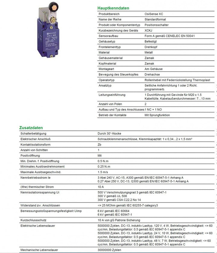 Schneider Electric - XCKJ Positionsschalter. Rollenh. Kunstst.r., 1Ö+1S, Sprungf., M20, XCKJ10511H29