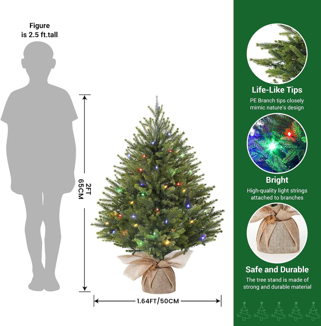 Alupssuc 2 Fuss Beleuchteter Künstlicher Mini-Weihnachtsbaum, 100% PE-Zweige mit Sockel aus Leinensa