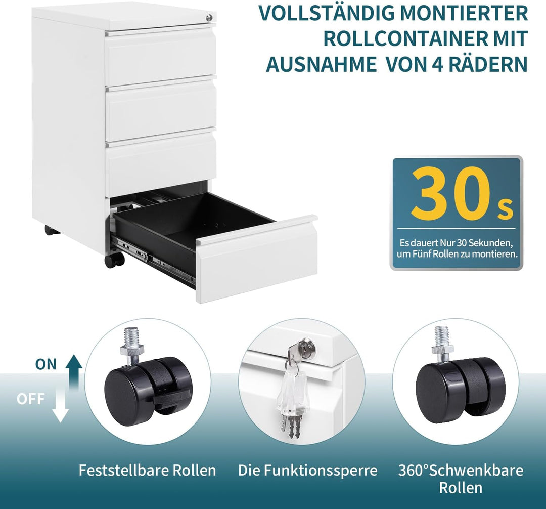 Rollcontainer, Aktenschrank Abschliessbar mit 4 Schlüsseln, Büroschrank aus Metall, Aktenschrank unt
