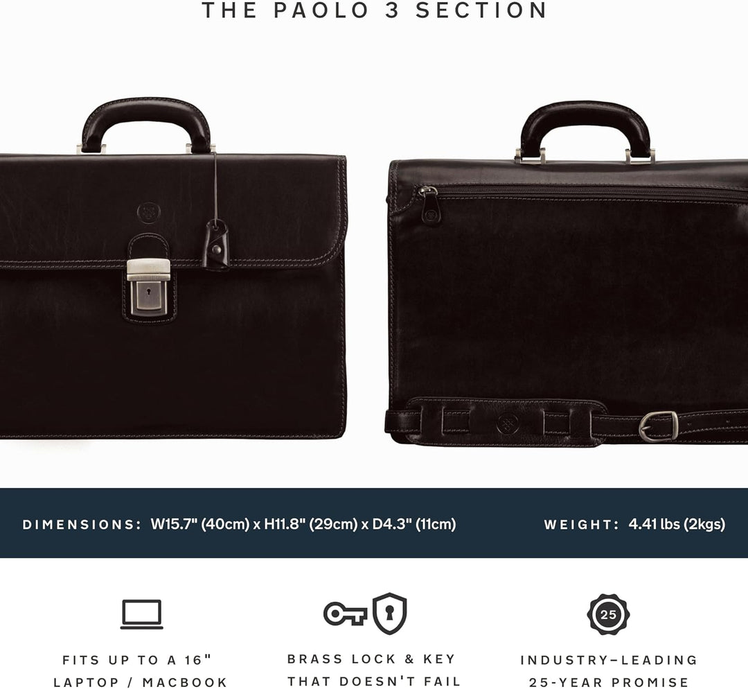 Maxwell Scott Klassischer Herren Leder Aktenkoffer Paolo3 in Dunkelbraun, Dunkelbraun