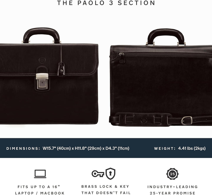 Maxwell Scott Klassischer Herren Leder Aktenkoffer Paolo3 in Dunkelbraun, Dunkelbraun
