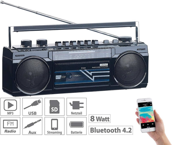 auvisio Kassettenrecorder: Retro-Boombox mit Kassetten-Player, Radio, USB, SD & Bluetooth, 8 Watt (R