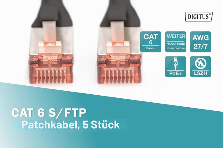 DIGITUS LAN Kabel Cat 6 - 10m - 5 Stück - RJ45 Netzwerkkabel - S/FTP Geschirmt - Kompatibel zu Cat 6