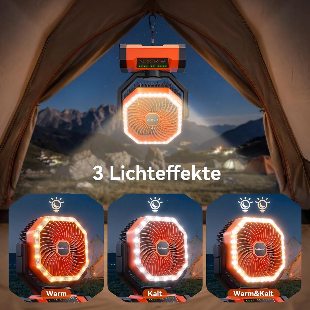 20000mAh Camping Ventilator, Aufladbare Akku Ventilator, Tragbarer Ventilators mit LED Licht, 120° O