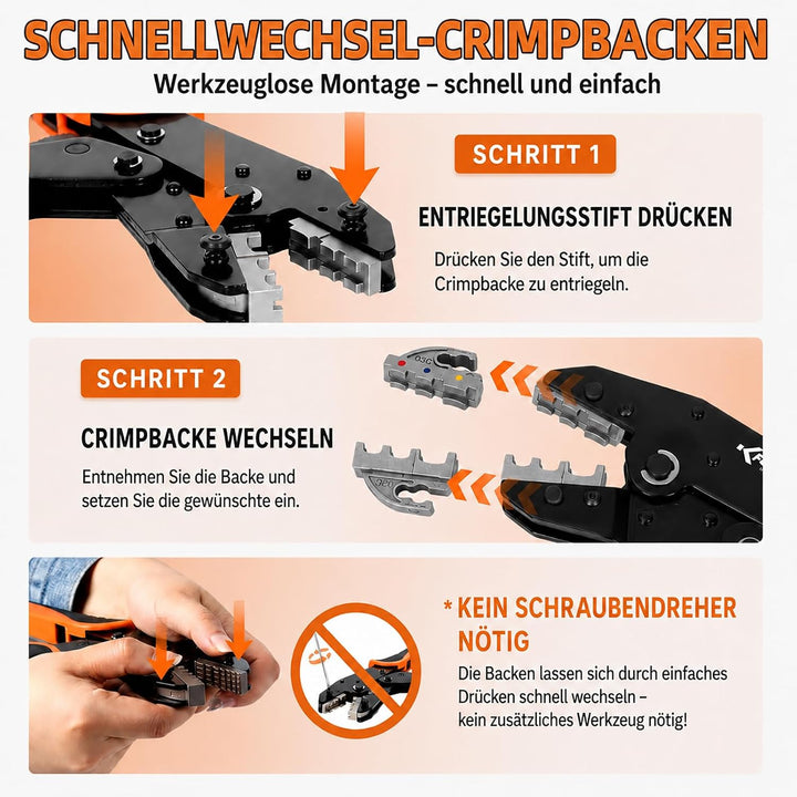 KF CPTEC Crimpzangen Set 9-teilig, Ratschen Crimpzange mit 7 Wechselbacken, AWG 22-2 (0,5–35 mm²) fü