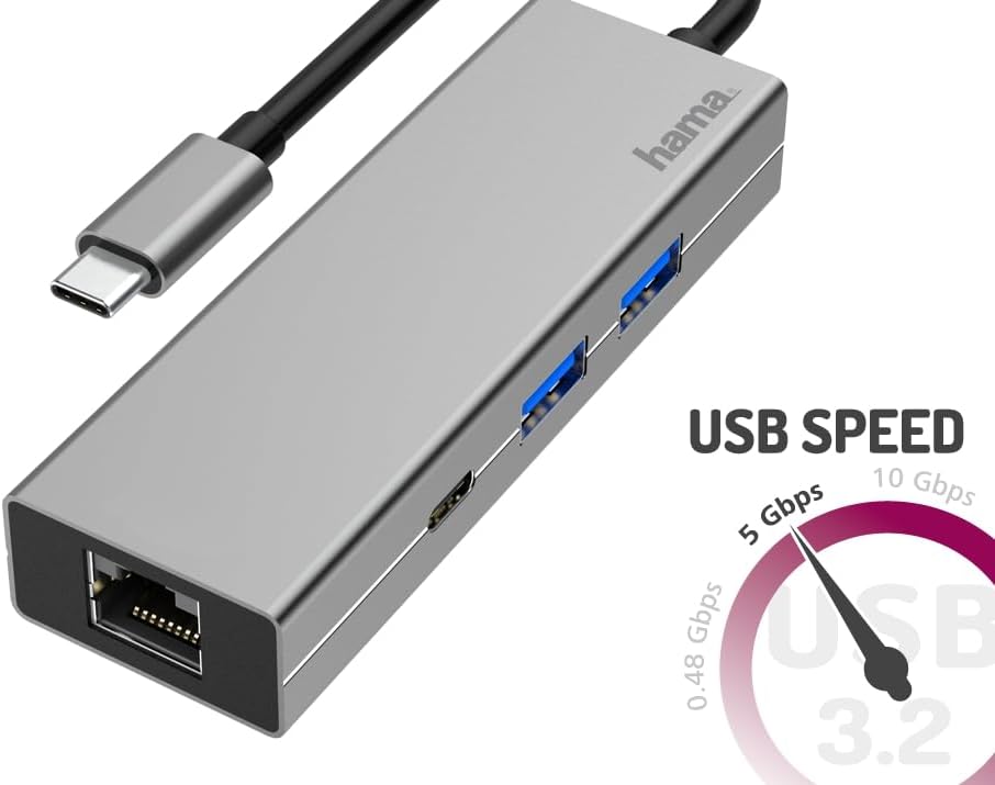 Hama USB C Hub 4 Ports (Multiport Adapter 1x LAN Gigabit Ethernet, 2X USB-A, 1x USB-C zur Übertragun