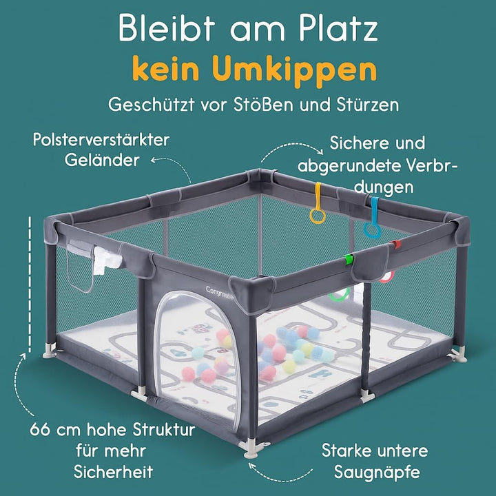 Laufstall für Babys mit Matratze, Bällebad (inkl. 50 Bällen) und 4 Haltegriffen. Laufgitter 124x124c