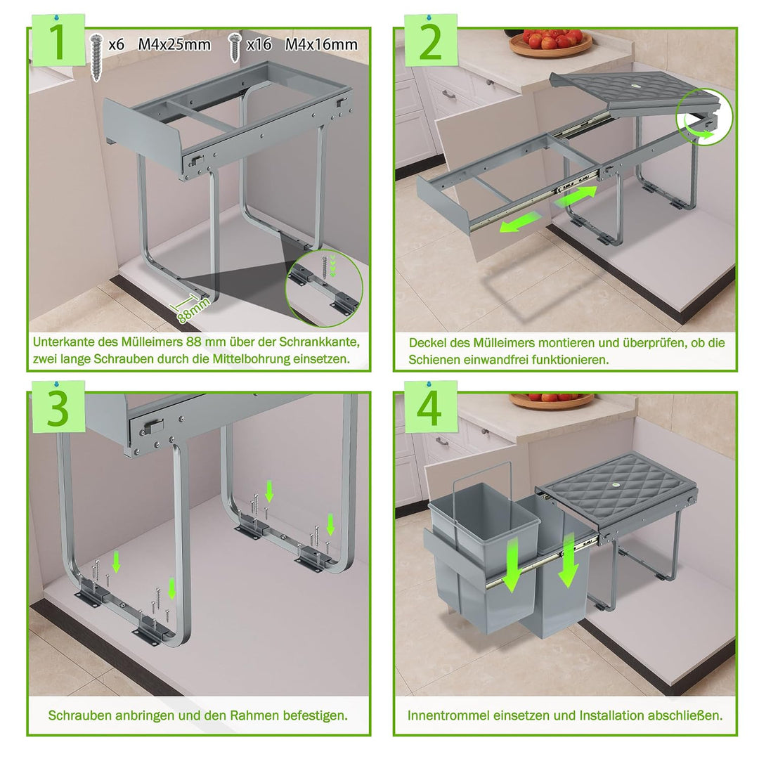 XMTECH Einbaumülleimer Küche Auszug, Einbaumülleimer Unterschrank Müll-Trennsystem, 2 Fächer Auszieh