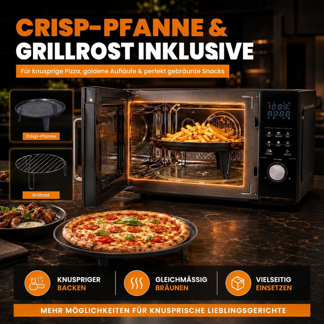 4in1 Mikrowelle Schwarz - Grill, Heissluft-Fritteuse, Konvektion -2200 W, 8 Programme, 60 Min Timer,