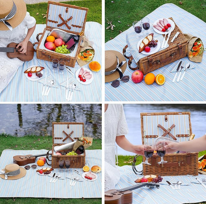 Picknickkorb Set für 2 Personen, Weidenkorb mit grossem isoliertem Kühlfach, wasserdichter Decke und