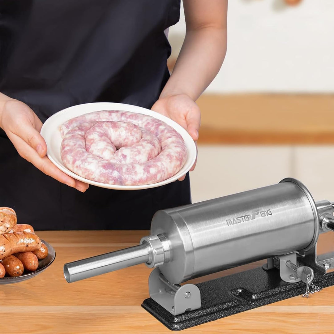 MASTER FENG 2,5 LBS Wurstfüllmaschine Horizontale Edelstahl-Füllmaschine Mit 8 Fülltrichtern und 1 S
