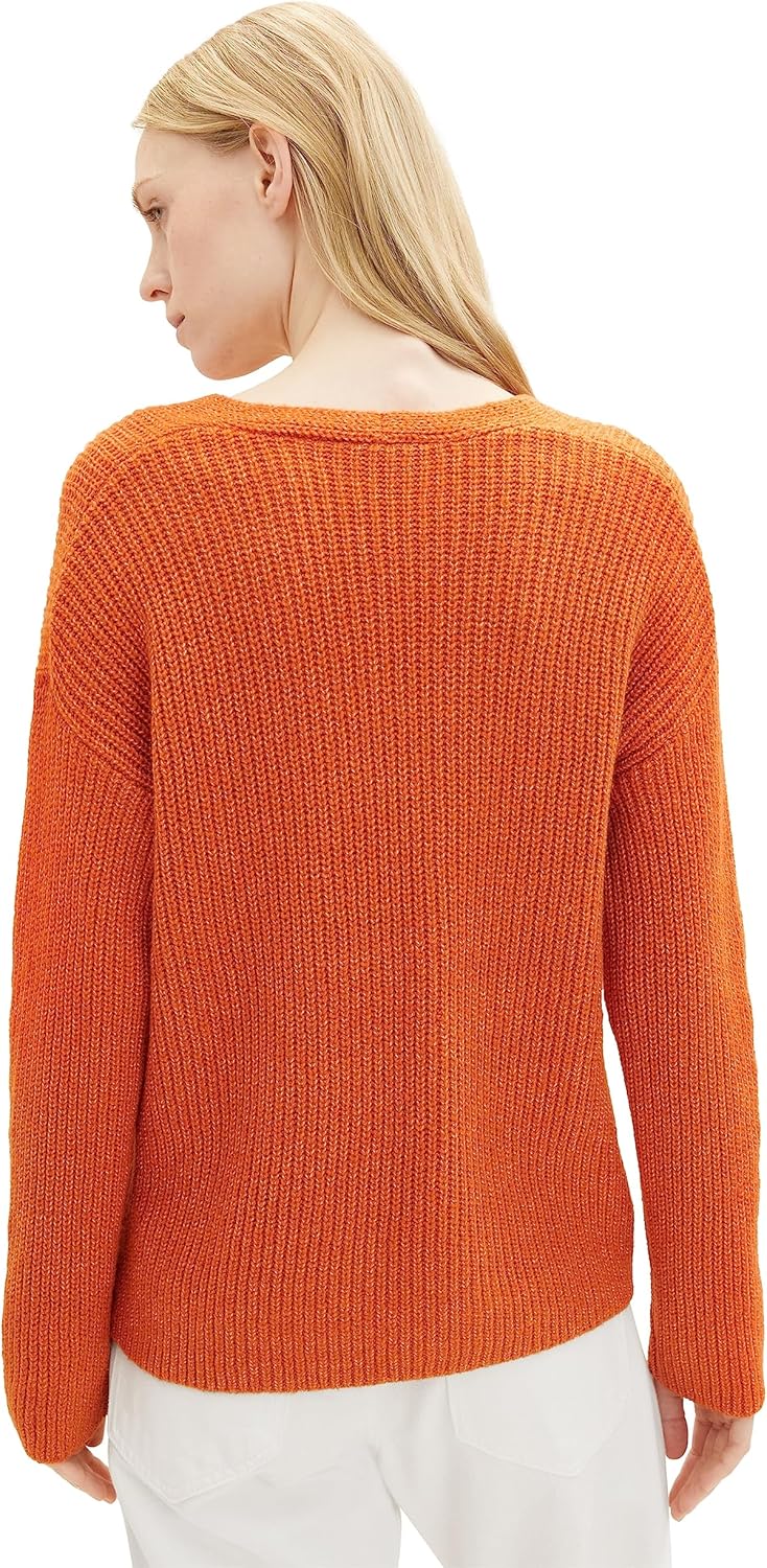 TOM TAILOR Damen Basic Pullover mit V-Ausschnitt XL 32403-gold Flame Orange Melange, XL 32403-gold F