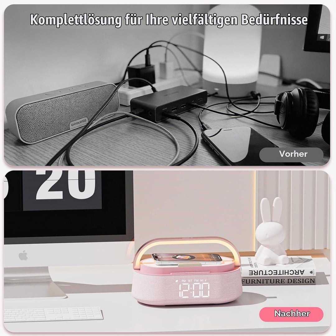 COLSUR Radiowecker Digital mit Wireless Charger, Bluetooth Lautsprecher Smart Wecker Schlummerfunkti