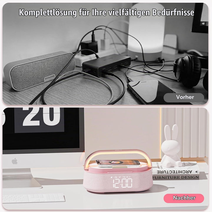 COLSUR Radiowecker Digital mit Wireless Charger, Bluetooth Lautsprecher Smart Wecker Schlummerfunkti