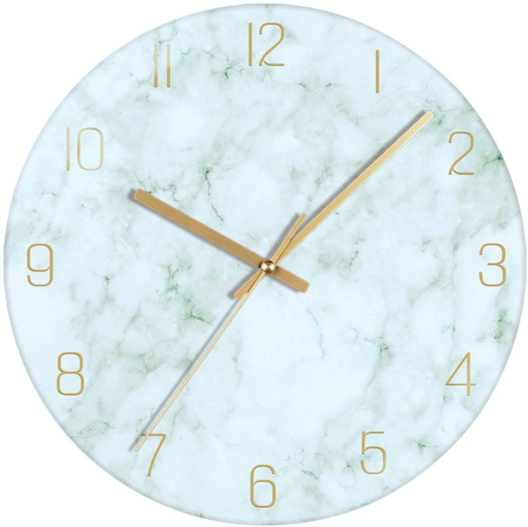 VIKMARI Glas Wanduhr, 30 cm Leise Nicht Tickend Batteriebetriebene Marmor Wanduhren, Runde Vintage G