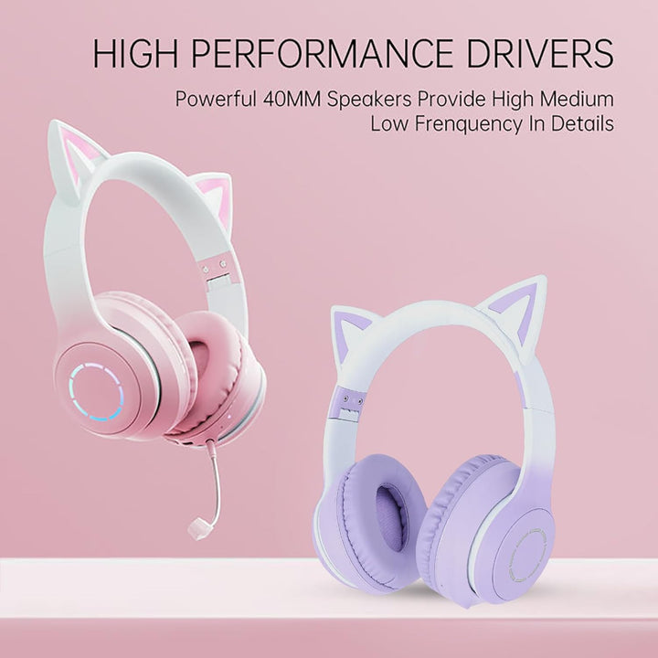 Kabelloses Gaming-Headset, niedliche Katzenohren, Bluetooth 5.3, LED-Beleuchtung, abnehmbares Mikrof
