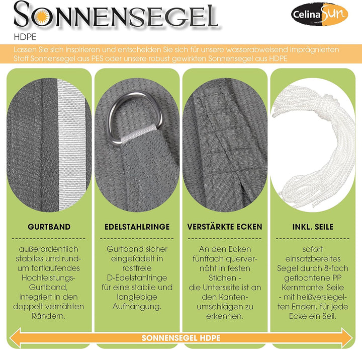 CelinaSun Sonnensegel inkl Befestigungsseile Premium HDPE wetterbeständig atmungsaktiv Quadrat 3 x 3