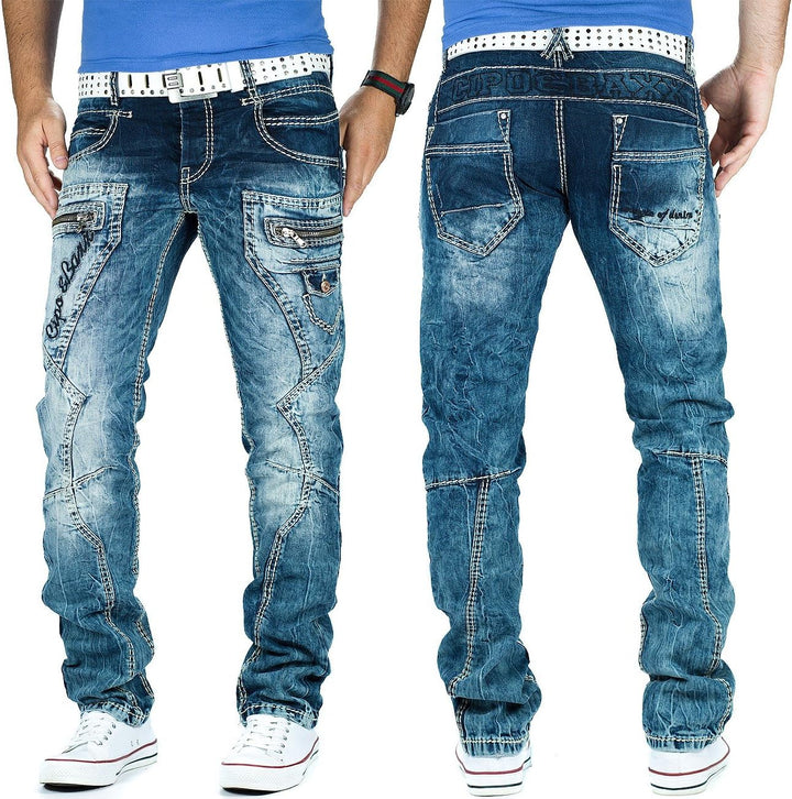Cipo & Baxx Herren Jeans Dicke Naht Streetwear 28W / 30L Blau - 38, 28W / 30L Blau - 38