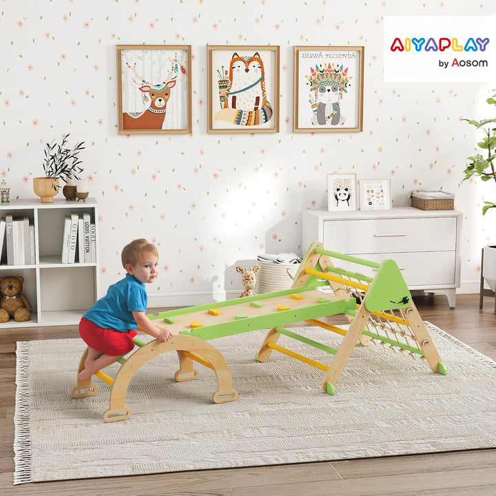 AIYAPLAY 8-in-1 Montessori Klettergerüst Indoor Holz Kletterdreieck mit Kletterbogen, doppelseitiger