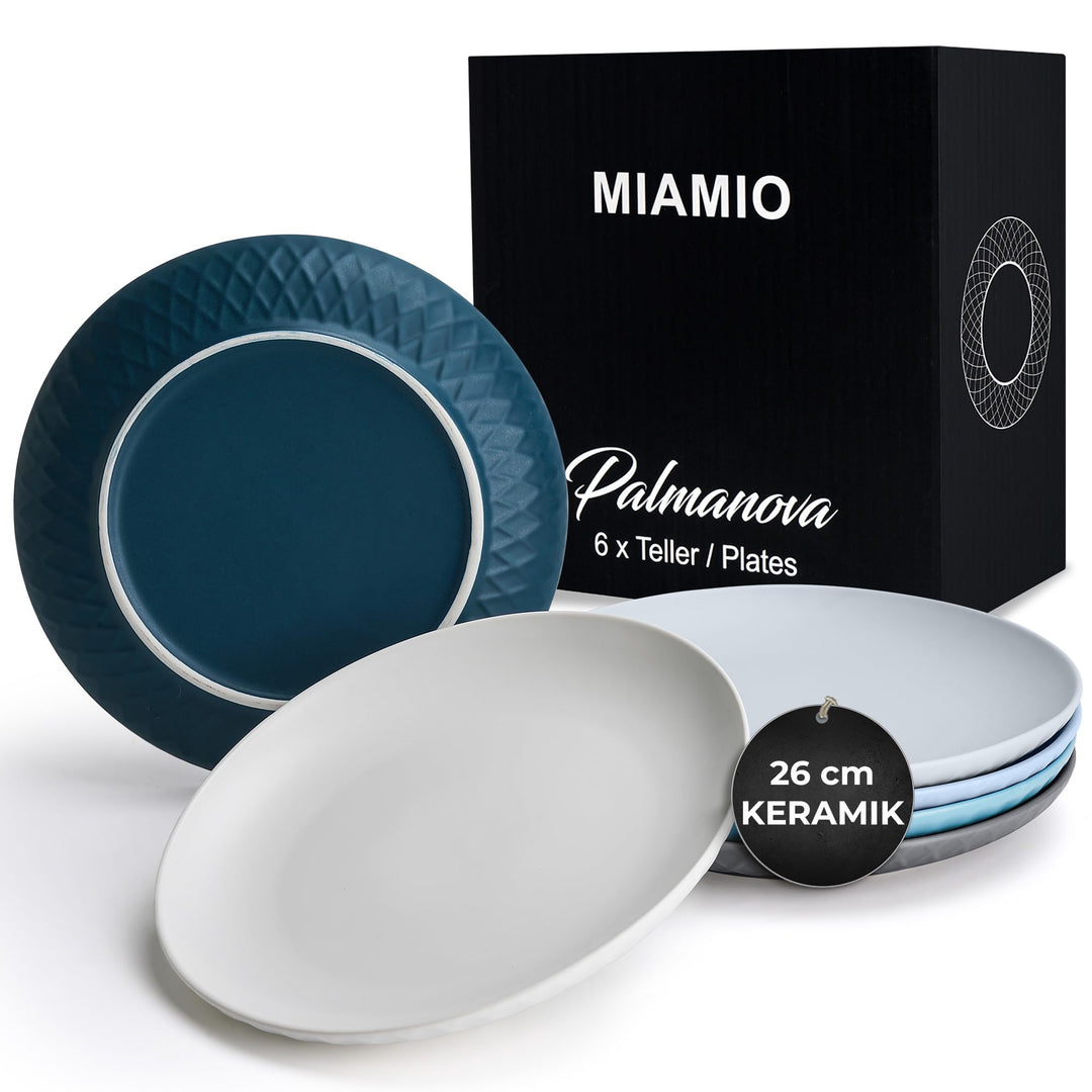 MIAMIO - 6er Geschirrset/Teller Set modern aus Keramik für 6 Personen - Palmanova Kollektion (Blau,