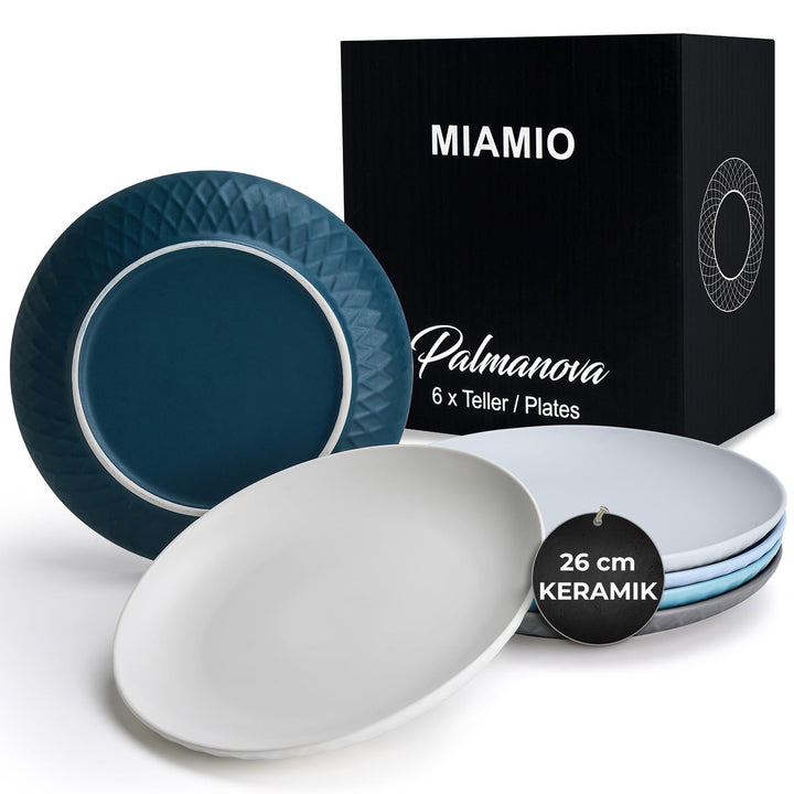 MIAMIO - 6er Geschirrset/Teller Set modern aus Keramik für 6 Personen - Palmanova Kollektion (Blau,