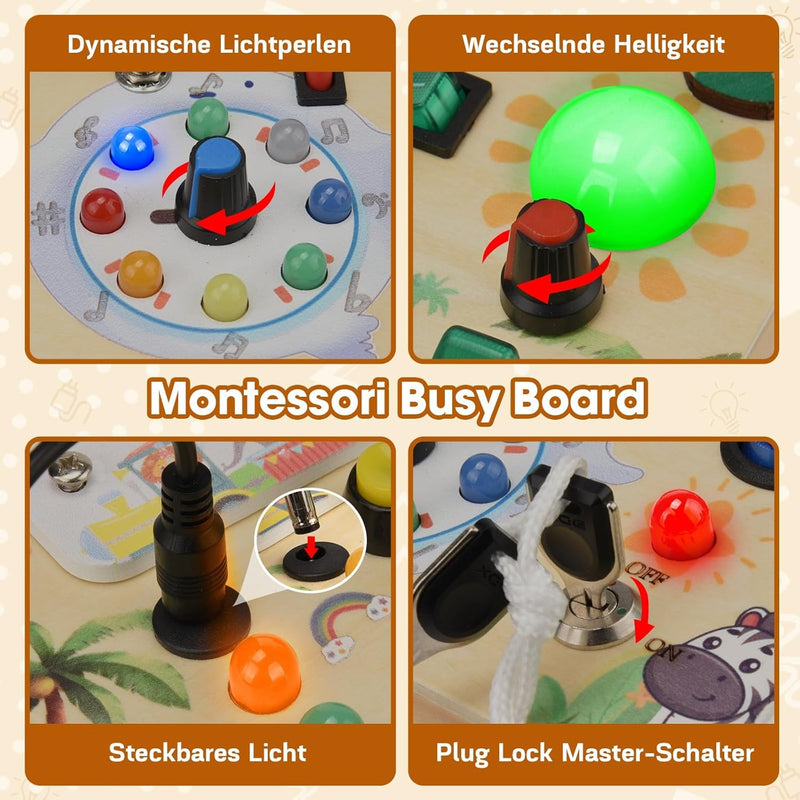 MILFECH Montessori Spielzeug Busy Board mit LED Lichtschalter Activity Board Holzspielzeug,17 LED Mo