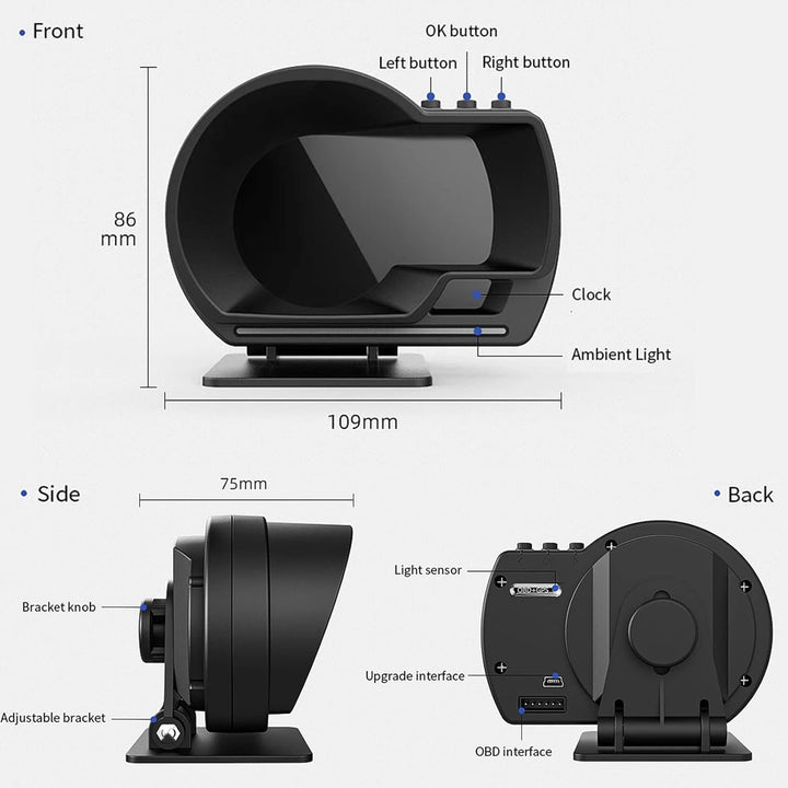 Geloo Head Up Display, Universal Geschwindigkeitsmesser Auto HUD OBD2 + GPS Dual System Digital Tach