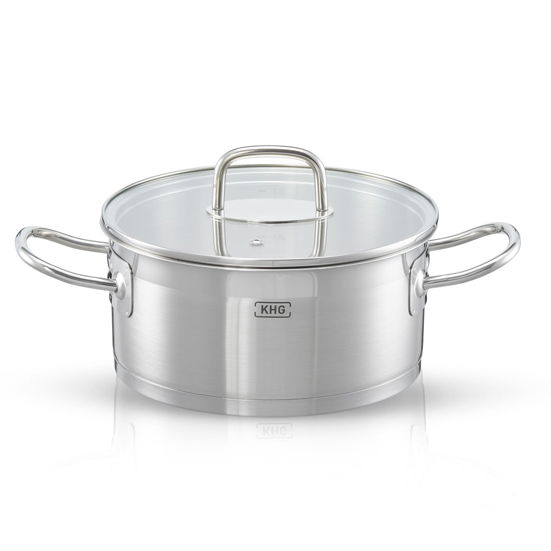 KHG Topf Kochtopf Bratentopf 20 cm Induktion, Edelstahl unbeschichtet inkl. Glasdeckel | 9,5 cm hohe